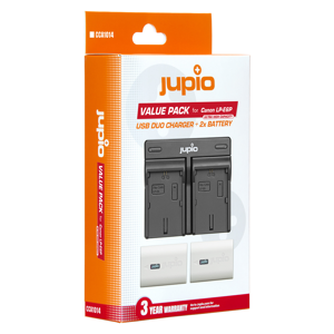 Jupio Value Pack KIT 2x Battery LP-E6P Ultra 2600mAh + USB Dual Charger komplet punjač i dvije baterije za Canon EOS R5 II R7 R6 II R5c R 90D 80D 70D 60D 7D II 6D II 5D IV 5D III 5DS R XC10 (CCA1014)