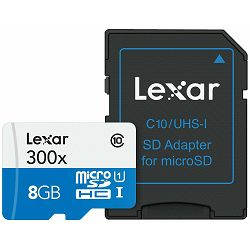 Lexar microSDHC 8GB 300x 45MB/s Class 10 High Speed memorijska kartica sa adapterom LSDMI8GBBBEU300A