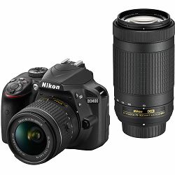 Nikon D3400 + AF-P 18-55 VR + 70-300 VR KIT DSLR Digitalni fotoaparat 18-55mm f/3.5-5.6 70-300mm f/4.5-6.3 VR APS-C DX (VBA490K005)