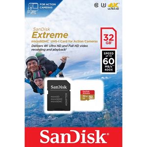 SanDisk Extreme microSDHC 32GB + SD Adapter for Action Sports Cameras 60MB/s Class 10 U3 UHS-I SDSDQXL-032G-GA4A