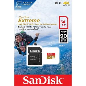 SanDisk Extreme microSDXC 64GB + SD Adapter for Action Sports Cameras 90MB/s Class 10 U3 SDSQXNE-064G-GN6AA Memorijska kartica 