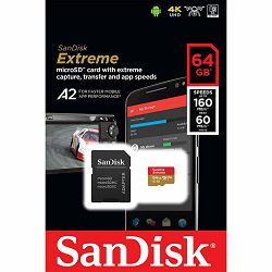 SanDisk microSDXC 64GB 160MB/s read 60MB/s write Extreme A2 C10 V30 UHS-I U3 memorijska kartica + SD Adapter + Rescue Pro Deluxe (SDSQXA2-064G-GN6MA)
