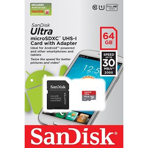 SanDisk Ultra Android microSDXC 64GB Card + SD Adapter + Memory Zone Android App 30MB/s Class SDSDQUA-064G-U46A
