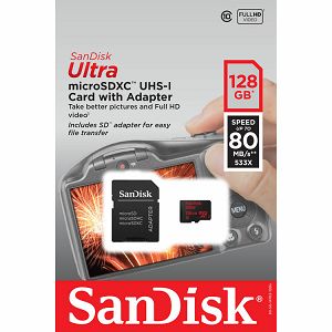 SanDisk Ultra microSDXC 128GB + SD Adapter 80MB/s Class 10 UHS-I SDSQUNC-128G-GN6IA Memorijska kartica