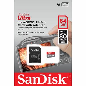 SanDisk Ultra microSDXC 64GB + SD Adapter 80MB/s Class 10 UHS-I SDSQUNC-064G-GN6IA Memorijska kartica