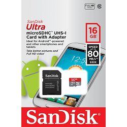 SanDisk Ultra Android microSDHC 16GB SD Adapter + Memory Zone Android App 80MB/s Class 10 UHS-I SDSQUNC-016G-GN6MA Memorijska kartica