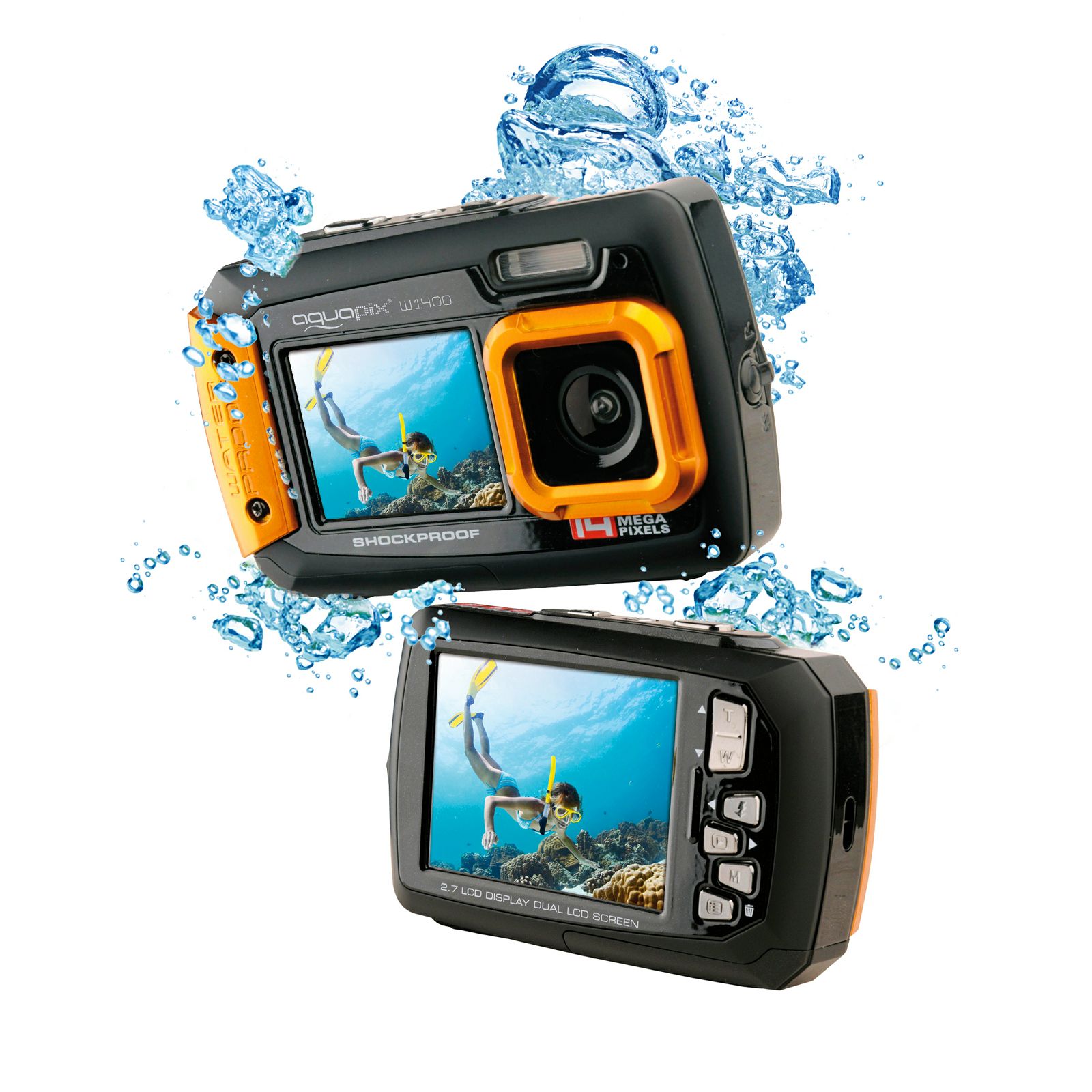 Aquapix W1400 Active Orange (10050) 14MP podvodni vodonepropusni digitalni fotoaparat do 3m s 2x LCD Digital Underwater camera with dual screen