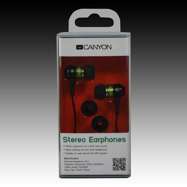 Canyon stereo earphone CNR-EP08NG , color:  green ; 2 sizes of silicon ear-plugs to ensure a perfect fit, noise-isolating ear-bud style headphones