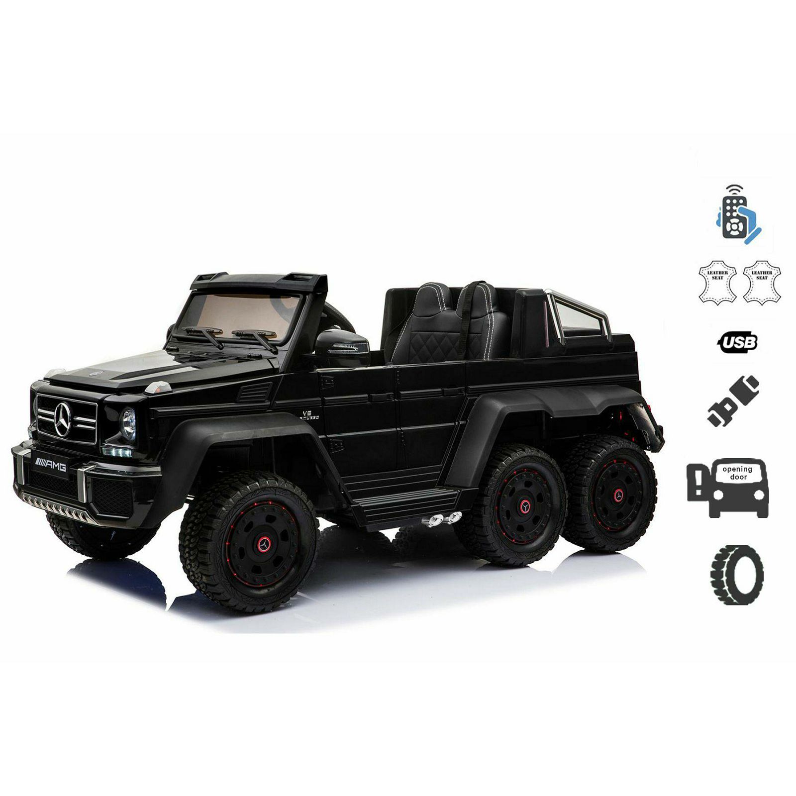 Dječji auto na akumulator Mercedes-Benz G63 6X6, MP3 player, svjetla na podvozju, 2.4Ghz, 12V 14AH, 4x motora, daljinsko upravljanje, mekane EVA rote, Servomotor, 2 pedale, crni