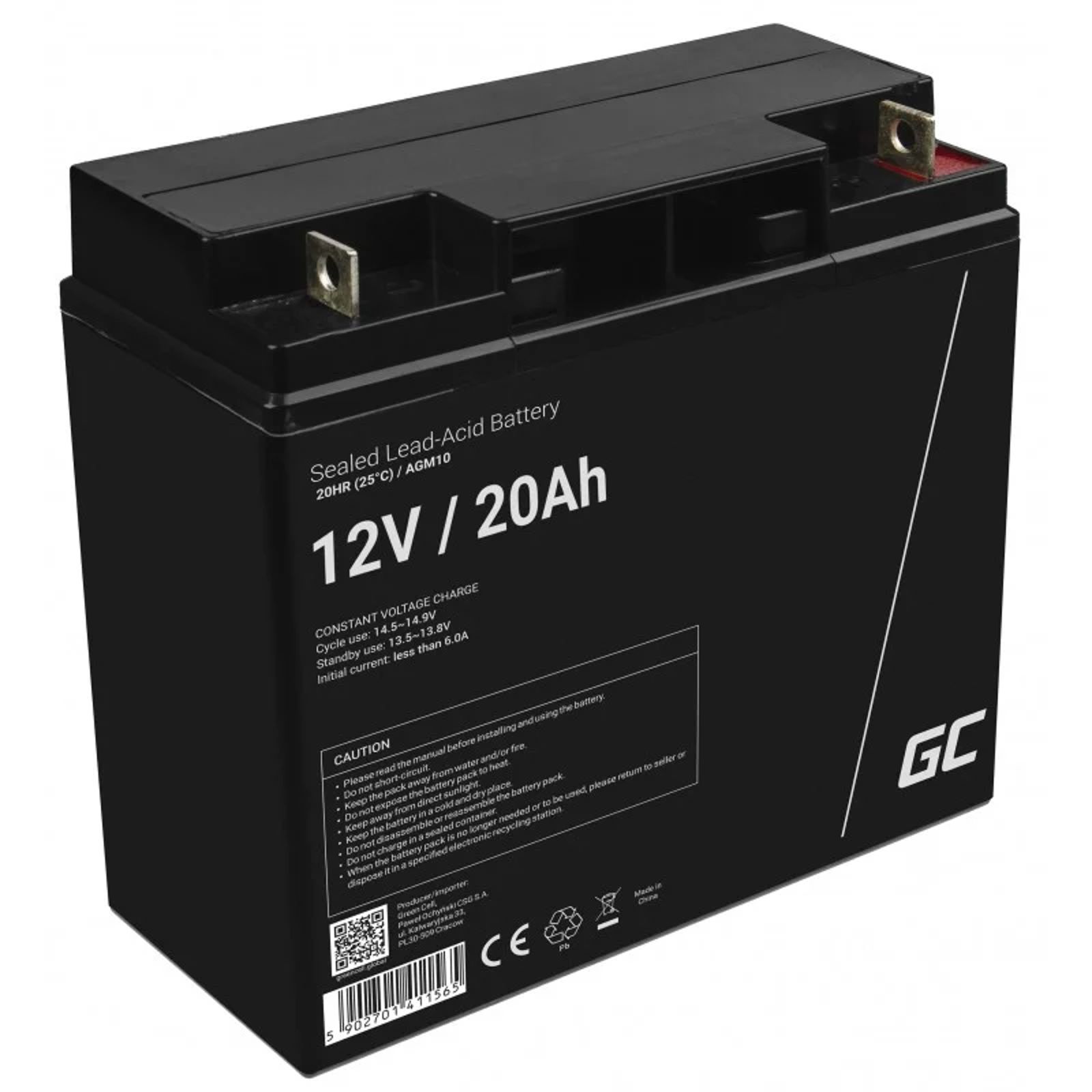 Green Cell AGM VRLA 12V 20Ah maintenance-free battery for mower, scooter, boat, wheelchair (AGM10)