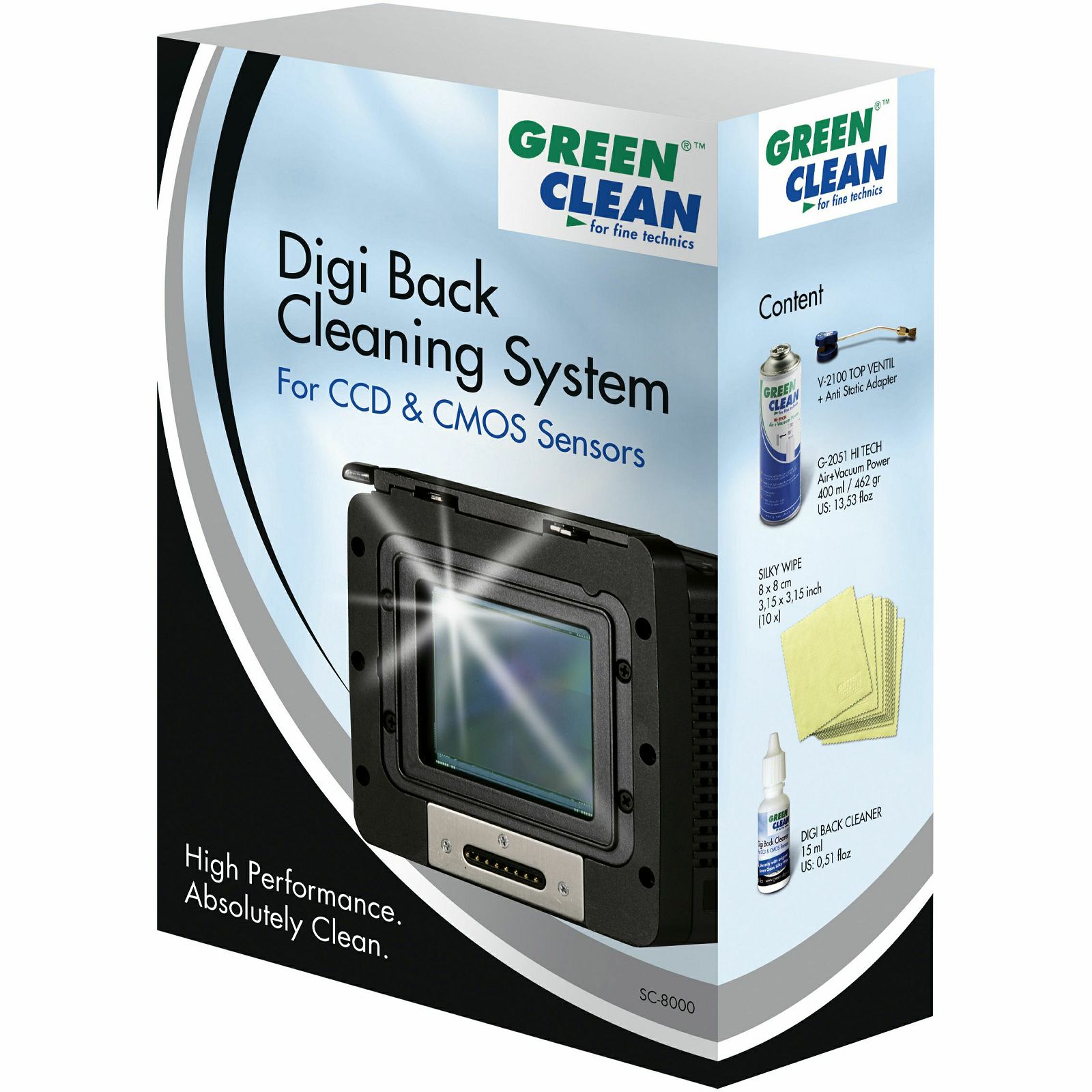 Green Clean Digi Back Cleaning System komplet za čišćenje CCD i CMOS senzora 1x HiTech 400ml + 1x Top Ventil + 10x Silky Wipe 8x8cm + 1x Digital Capture Back Cleaning Liquid 15ml (SC-8000)