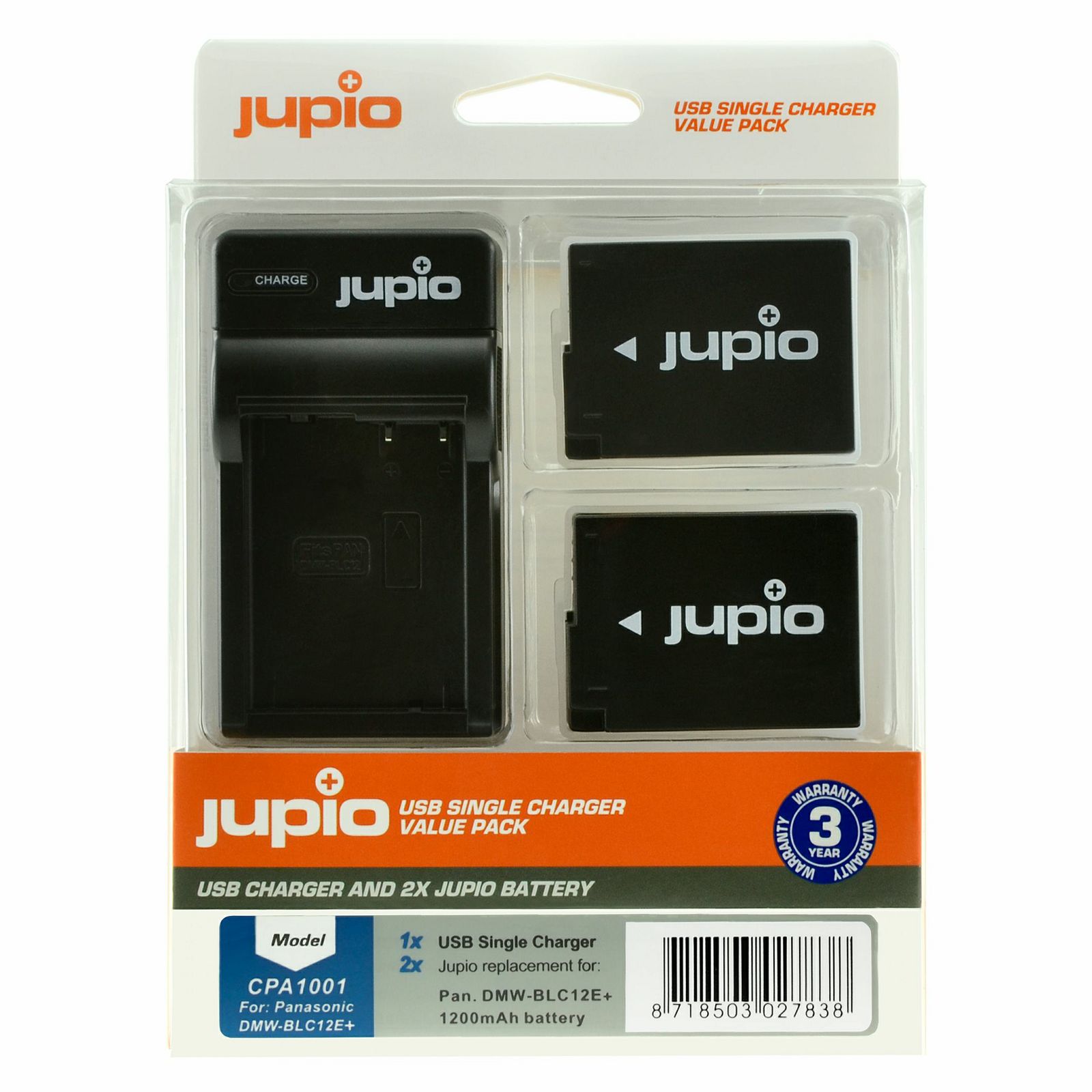 Jupio KIT 2x Battery DMW-BLC12E + USB Single Charger komplet punjač i dvije baterije za Panasonic Lumix DMC-GH2 DMC-FZ200 DMC-G5 DMC-G6 DMC-G85 FZ200 FZ1000 GH2 G5 G6 DMW-BLC12 Leica Q V-Lux (CPA1001)