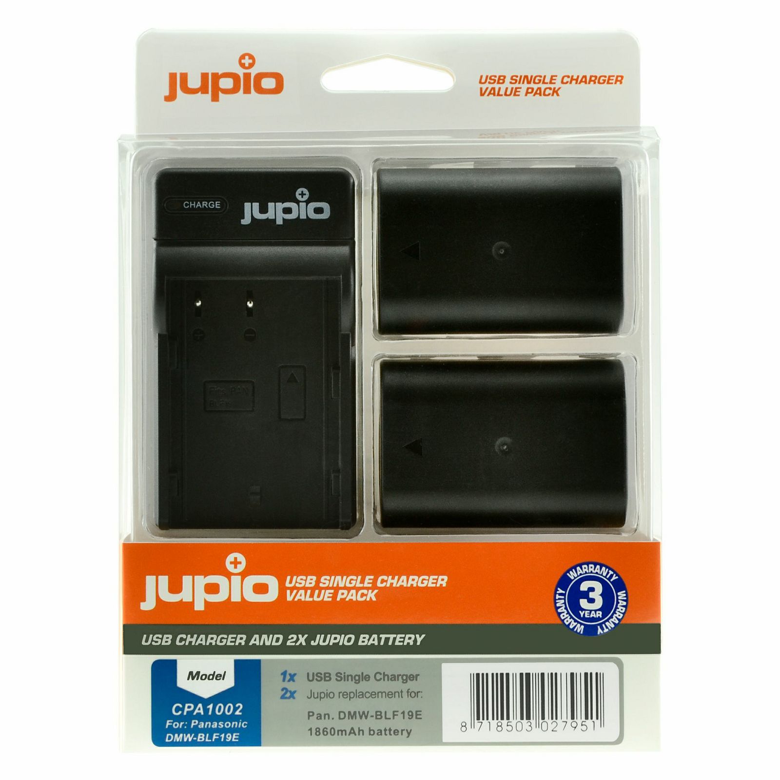 Jupio KIT 2x Battery DMW-BLF19E 1860mAh + USB Single Charger komplet punjač i dvije baterije za Panasonic Lumix DMC-GH5S, DMC-GH5, DMC-GH4, DMC-GH3, DC-G9, GH5S, GH5, GH4, GH3, G9 (CPA1002)