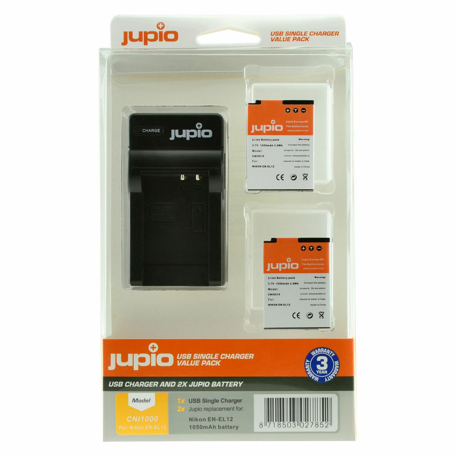 Jupio KIT 2x Battery EN-EL12 + USB Single Charger komplet punjač i dvije baterije za Nikon Coolpix AW110, AW130, P340, S31, S710, S7000 S9700, S9900 CNI1000