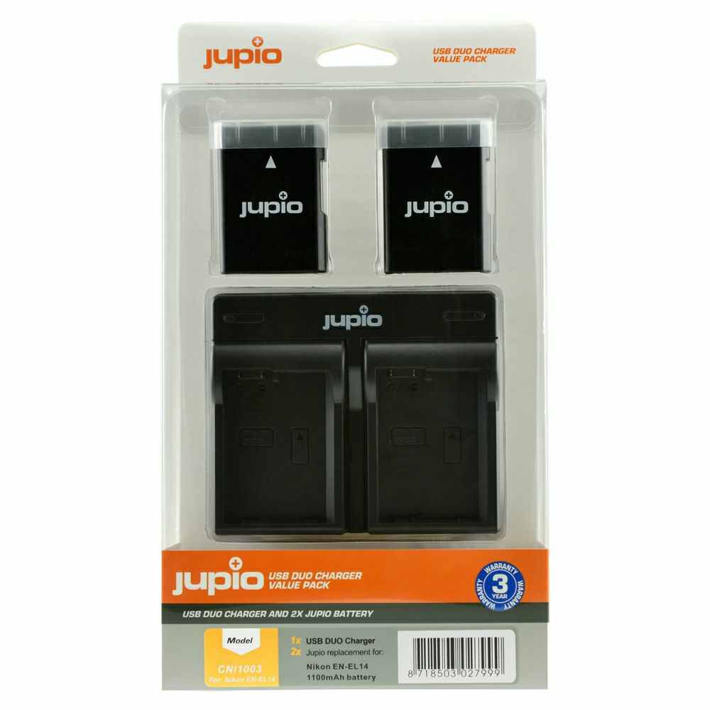 Jupio KIT 2x Battery EN-EL14A 1100mAh + USB Dual Charger komplet punjač i dvije baterije za Nikon D5600, D5500, D5300, D5200, D3400, D3300, D3200, Coolpix P7800