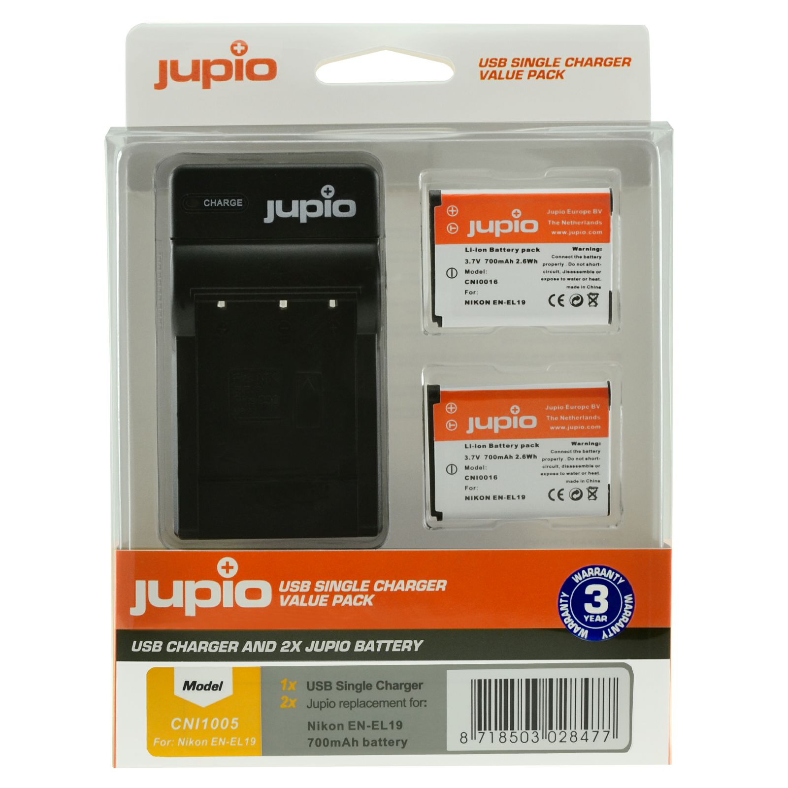 Jupio KIT 2x Battery EN-EL19 + USB Single Charger komplet punjač i dvije baterije za Nikon Coolpix S2800, S2900, S3100, S32, S33, S3300, S3500, S3600, S3700, S4300, S5300, S6800, S6900, S7000