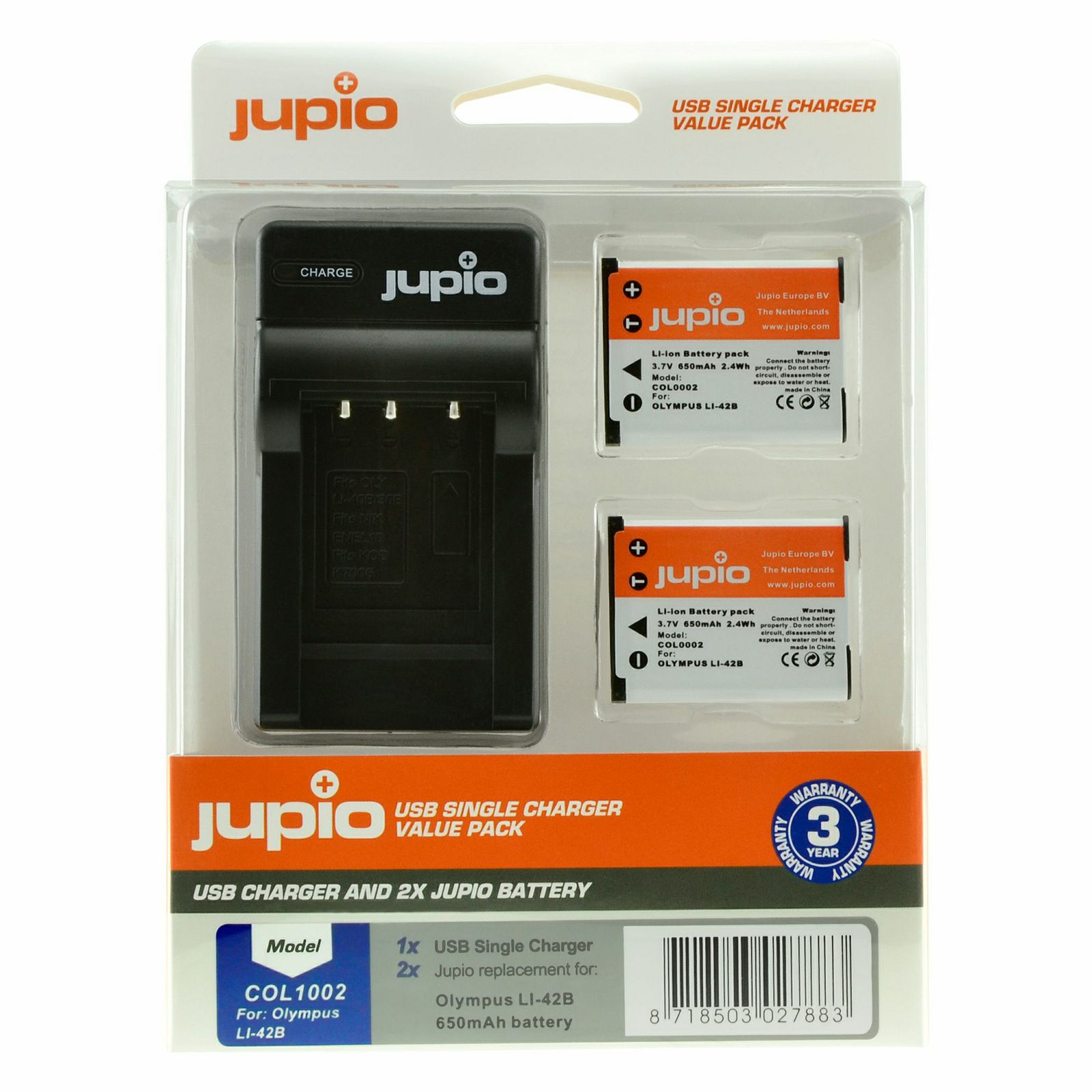 Jupio KIT 2x Battery Li-40B Li-42B NP45 D-Li63 EN-EL10 + USB Single Charger komplet punjač i dvije baterije za Olympus i Nikon COL1002
