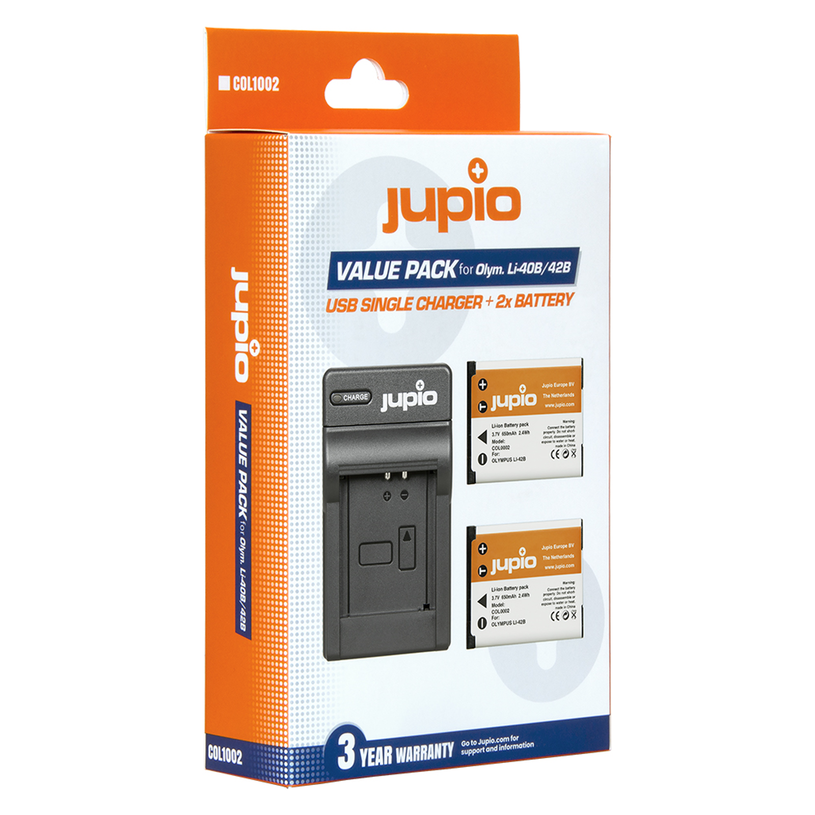 Jupio KIT 2x Battery Li-40B Li-42B NP45 D-Li63 EN-EL10 + USB Single Charger komplet punjač i dvije baterije za Olympus i Nikon COL1002