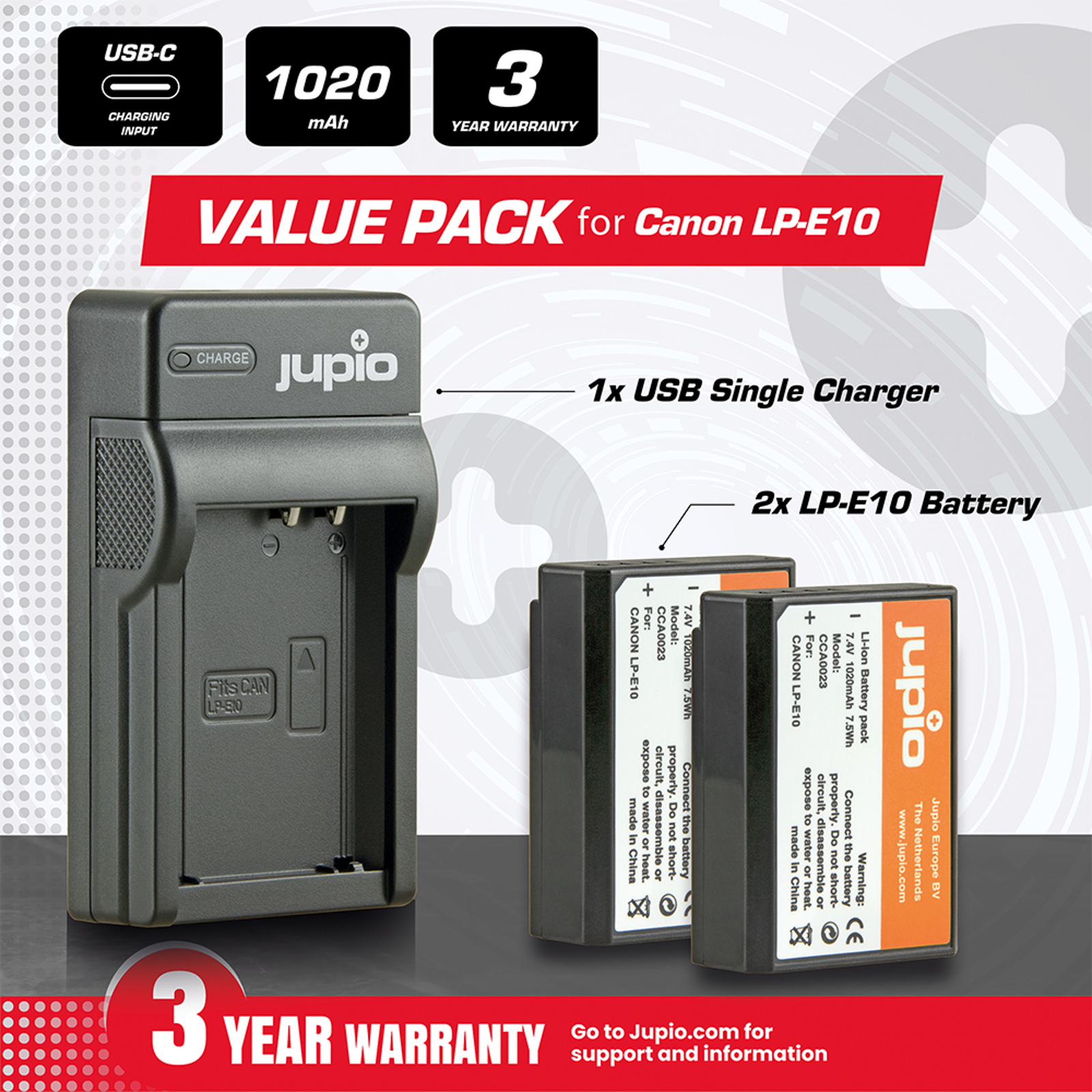 Jupio KIT 2x Battery LP-E10 + USB Single Charger komplet punjač i dvije baterije za Canon EOS 1100D, 1200D, 1300D