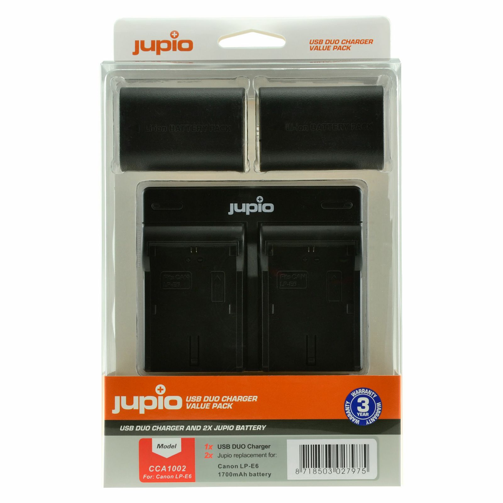 Jupio KIT 2x Battery LP-E6 1700mAh + USB Dual Charger komplet punjač i dvije baterije za Canon 5D IV, 5D III, 7D II, 80D, 70D, 6D, 60D CCA1002