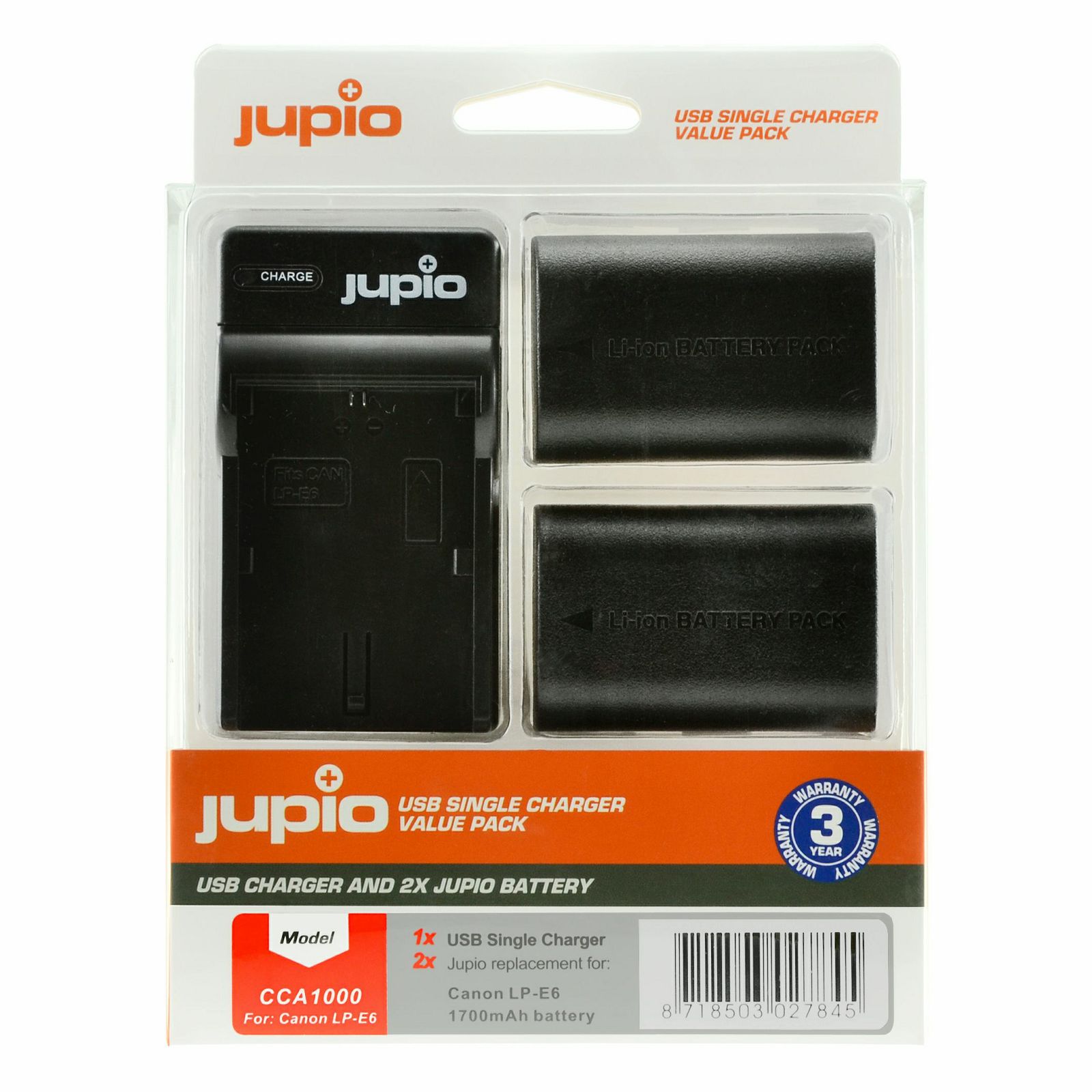 Jupio KIT 2x Battery LP-E6 1700mAh + USB Single Charger komplet punjač i dvije baterije za Canon 5D IV, 5D III, 7D II, 80D, 70D, 6D, 60D CCA1000