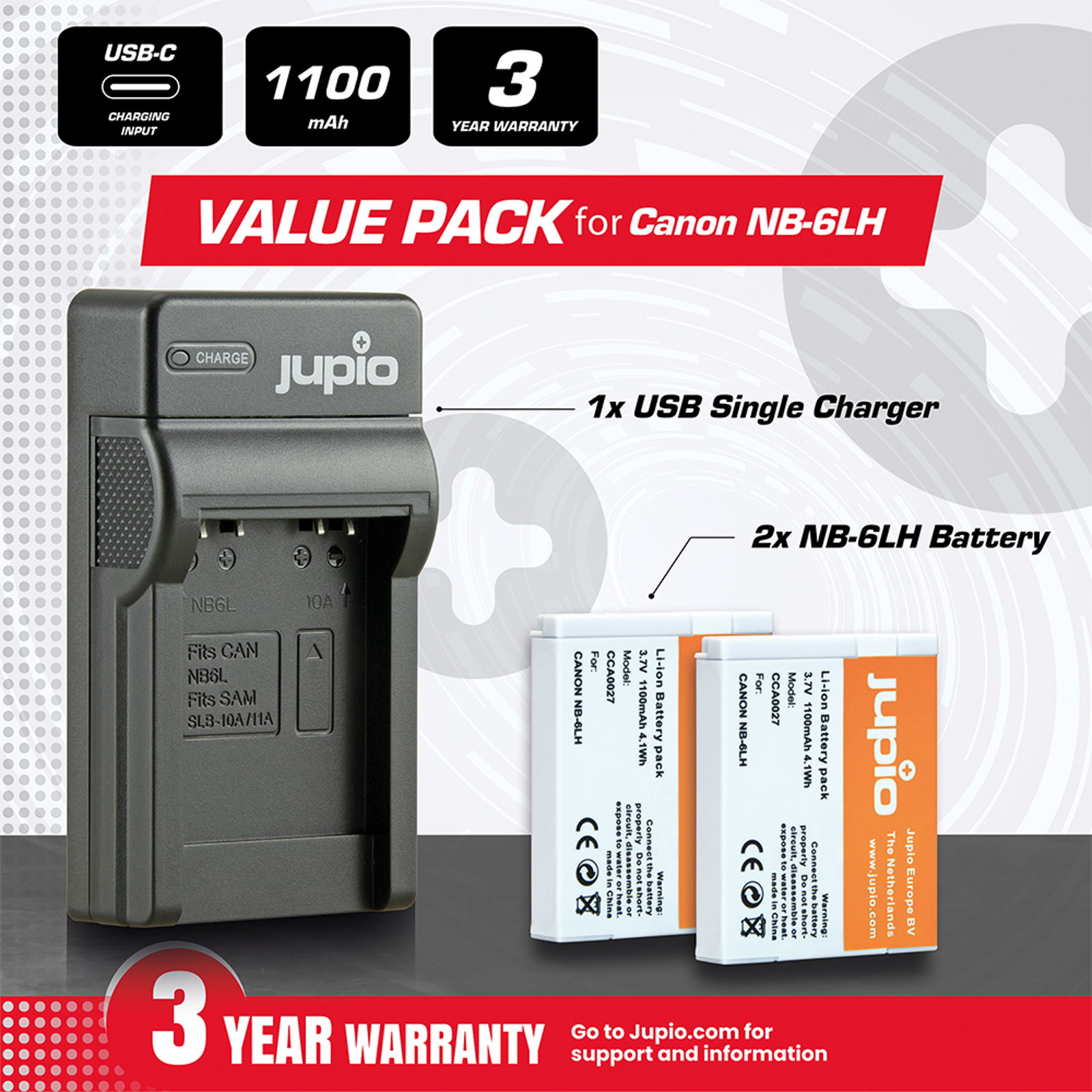 Jupio KIT 2x Battery NB-6LH + USB Single Charger komplet punjač i dvije baterije za Canon PowerShot SX600 HS, D30, SX700 HS, SX510 HS, SX170 IS, SX280 HS