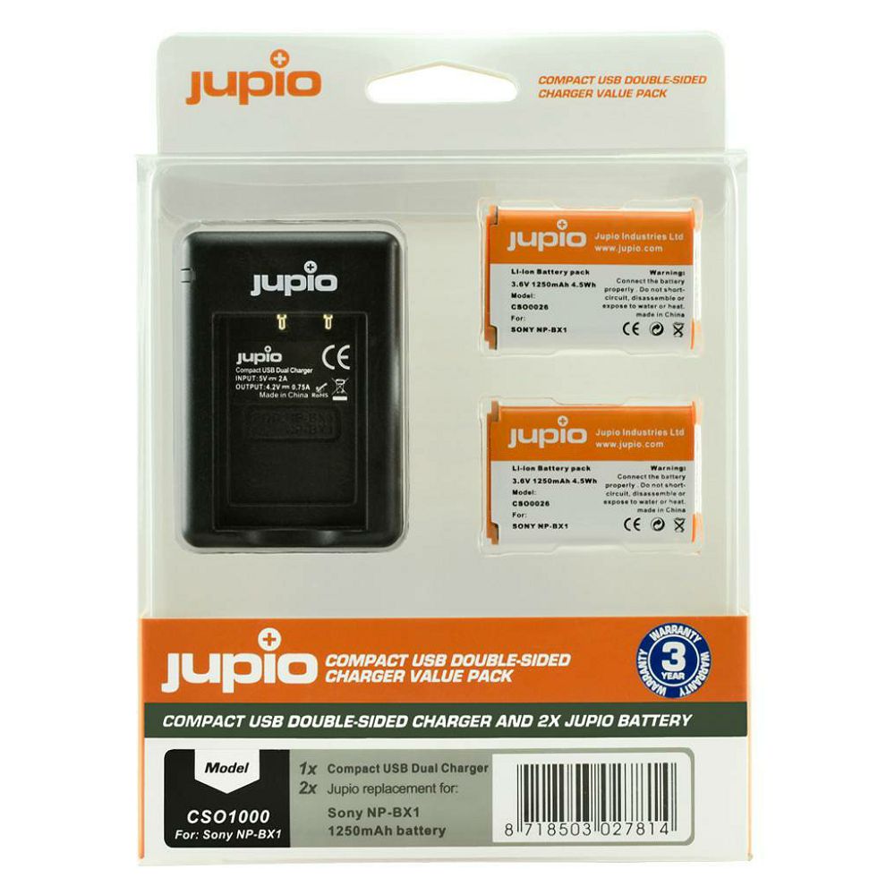 Jupio KIT 2x Battery NP-BX1 + Compact USB Dual Charger komplet punjač i dvije baterije za Sony Cyber-shot DSC-RX100 II, RX100 III, RX 100 IV, RX1, RX100, AS10, AS15, WX300, HX300, HX50V, RX1R CSO1000