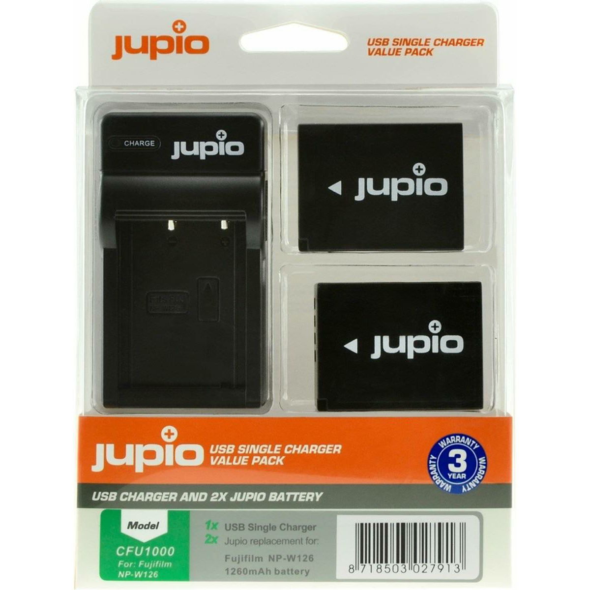 Jupio KIT 2x Battery NP-W126 + USB Single Charger komplet punjač i dvije baterije za Fujifilm FinePix T500, HS30EXR, HS33EXR, HS50EXR, X-Pro1, X-A1, X-A2, X-E1, X-E2, X-T1, X-T10 (CFU1000)