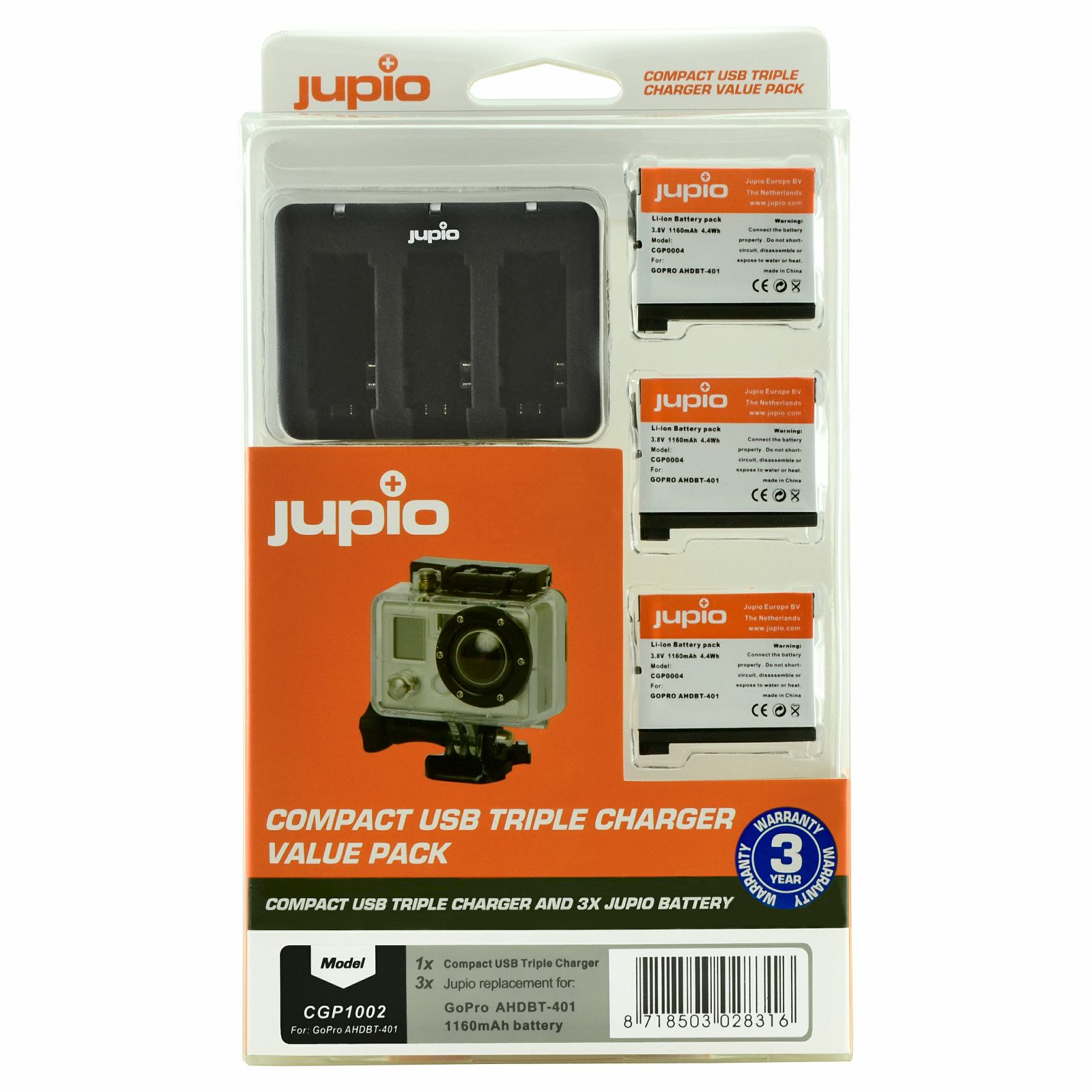Jupio KIT 3x Battery GoPro AHDBT-401 HERO4 1160mAh + Compact USB Triple Charger komplet punjač i dvije baterije CGP1002