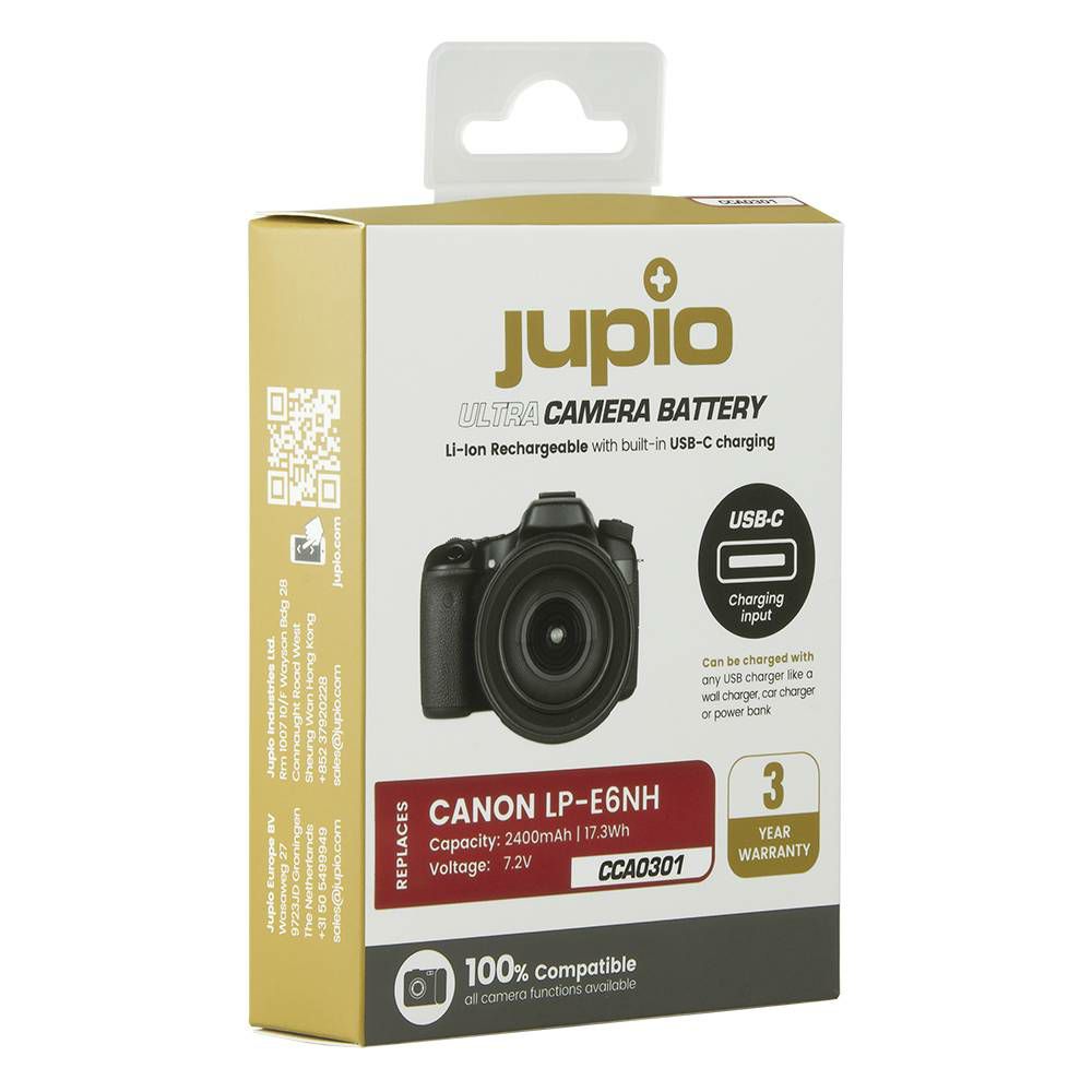 Jupio LP-E6NH Ultra C (USB-C input) 2400mAh 17,3Wh 7.2V baterija za Canon EOS R5, R6, R, RP, 5D IV, 6D II, 80D, 7D II, 5DsR, 5D III, 6D, 7D, 70D, 60D, 5D II, XC10, 5Ds, 60Da, LPE6, LP-E6 (CCA0301)