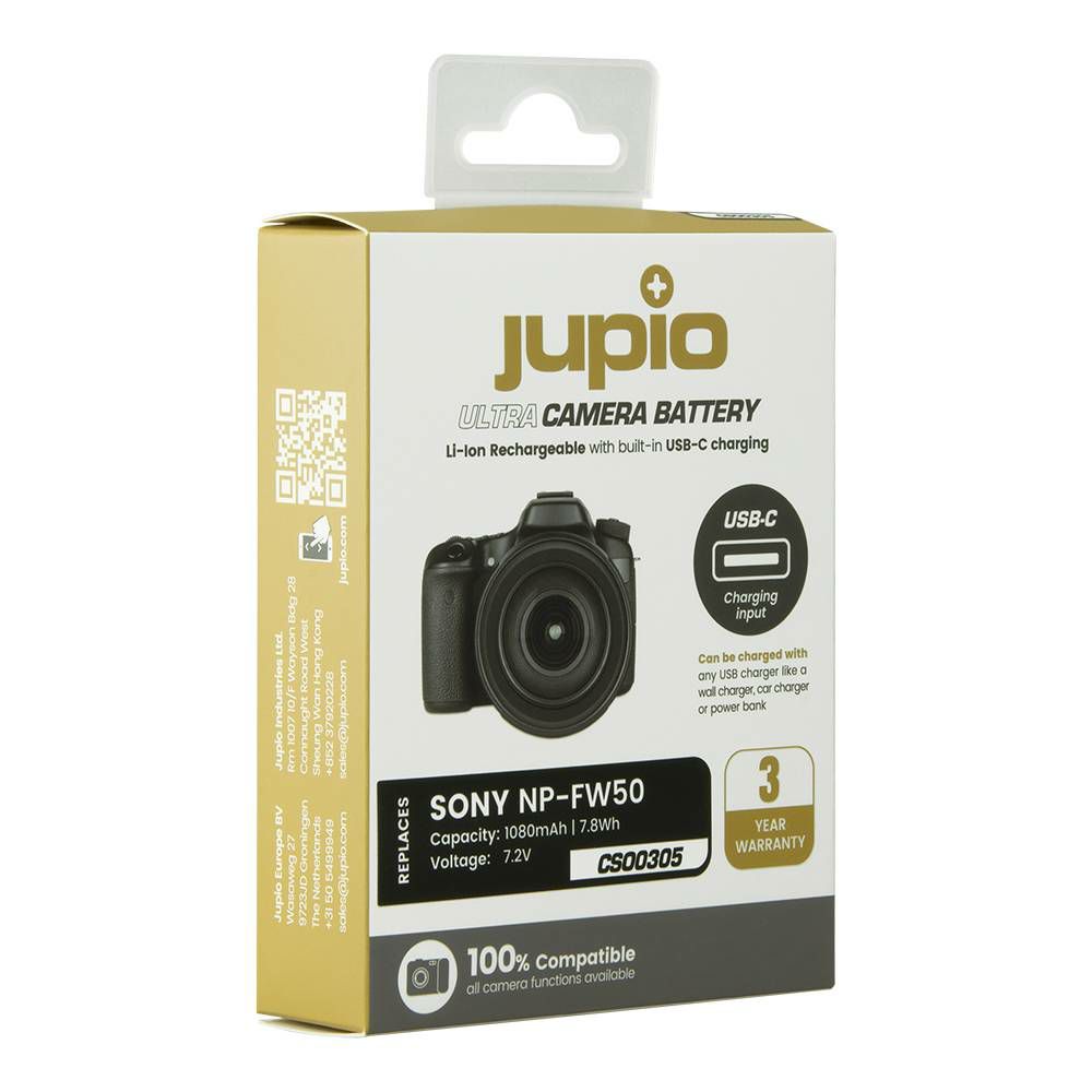 Jupio NP-FW50 Ultra C (USB-C input) 1080mAh baterija za Sony Alpha a7 II, a7R II, a7S II, a3000, a33, a35, a37, a5000, a5100, a55, a6000, a6100, a6300, a6400, a6500, DSC-RX10, II III IV (CSO0305)