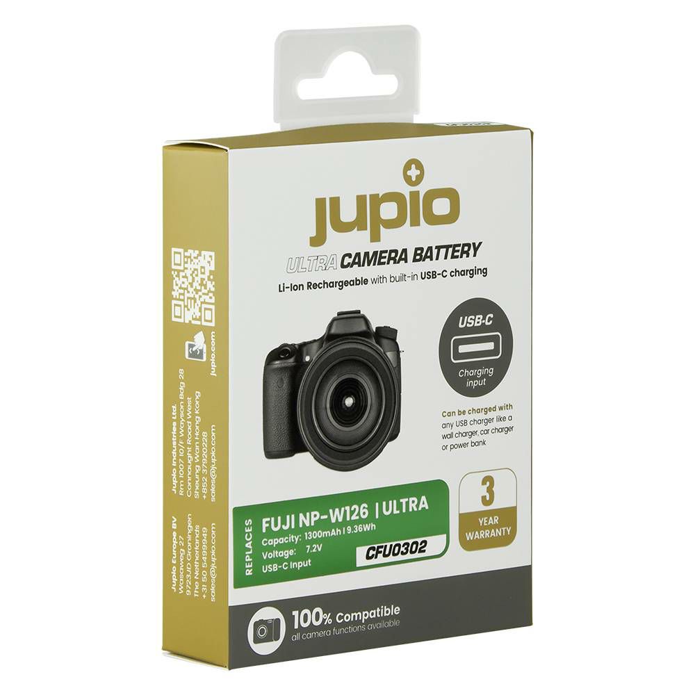 Jupio NP-W126S Ultra C (USB-C input) 1300mAh baterija za Fujifilm X-T3, X-T2, X-T1, X-T100, X-T10, X-Pro3, X-Pro2, X-Pro1, X-H1, X-E4, X-E3, X-E2s, X-E1, X-A7, X-A3, X-A2, X100V, X100F (CFU0302)