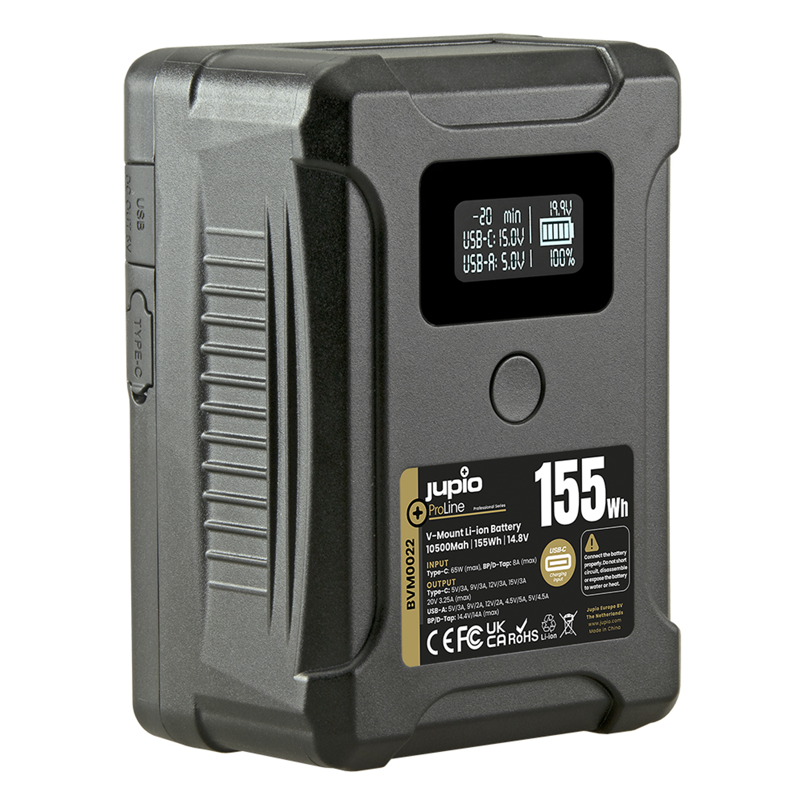 Jupio ProLine Extreme 155 V-Mount 10500mAh (155Wh) LCD Display USB-C PD 65W D-Tap in/output and USB-A output Broadcast battery video baterija (BVM0022)