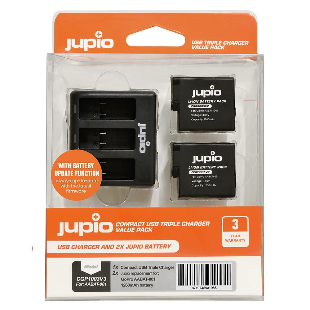 Jupio Value Pack: 2x Battery GoPro HERO5/6/7, HERO (2018) AHDBT-501 1260mAh + Compact USB Triple Charger (update version) Lithium-Ion Battery Pack (CGP1003V3)