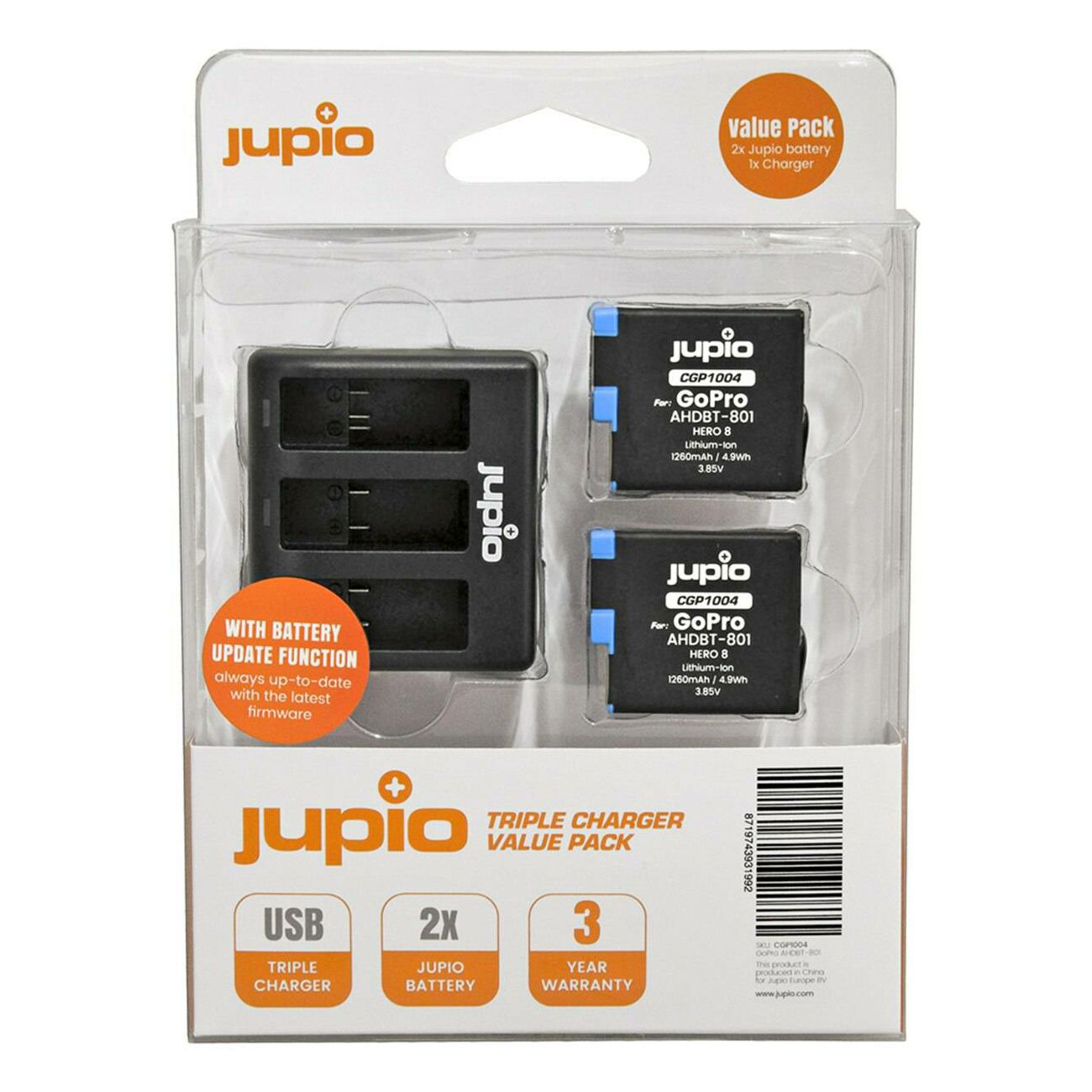 Jupio Value Pack: 2x Battery GoPro HERO8 AHDBT-801 1260mAh + Compact USB Triple Charger (update version) Lithium-Ion Battery Pack (CGP1004)