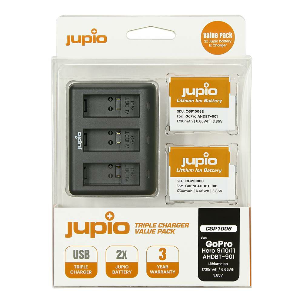 Jupio Value Pack: 2x Enduro Battery GoPro Hero11, Hero10, Hero9 SPBL1B AHDBT-901 1730mAh + Compact USB Triple Charger (CGP1006)