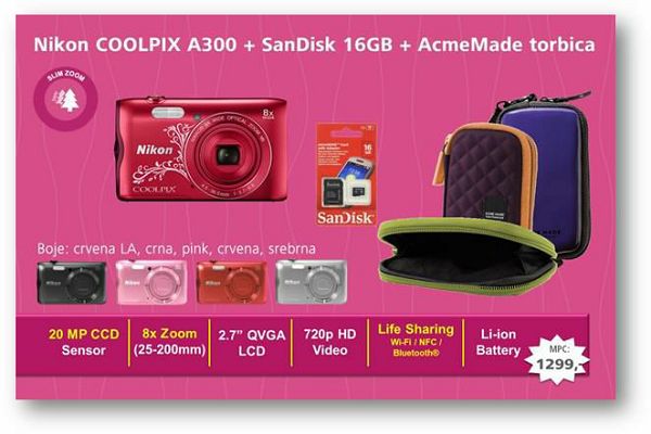 Nikon Coolpix A300 digitalni fotoaparat + torbica + 16GB SD kartica Rozi Pink