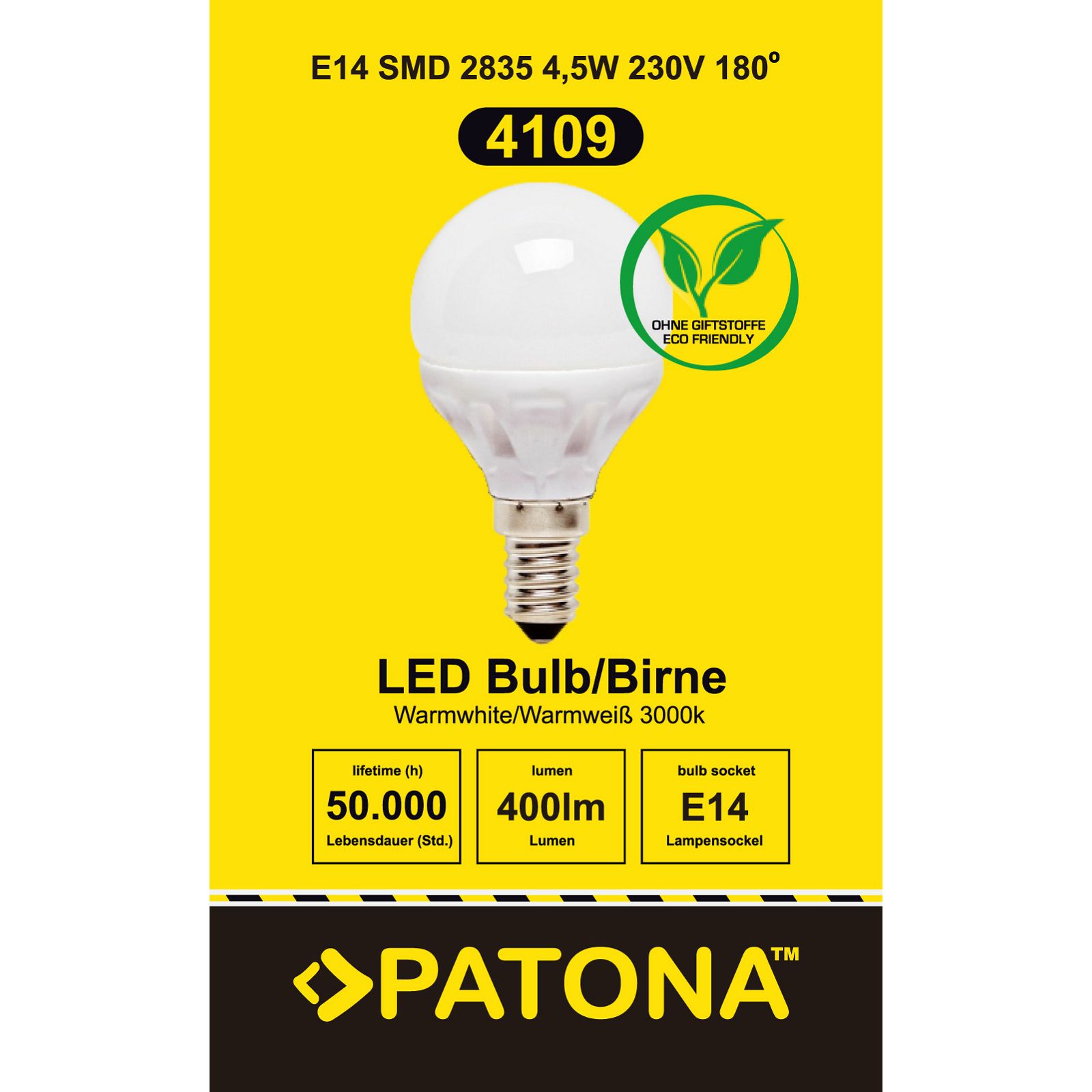 Patona LED E14 SMD 2835 4,5W 46x82mm 400lm 3000K 230V/50-60Hz A+ 180 warmwhite milkcover ceramic body