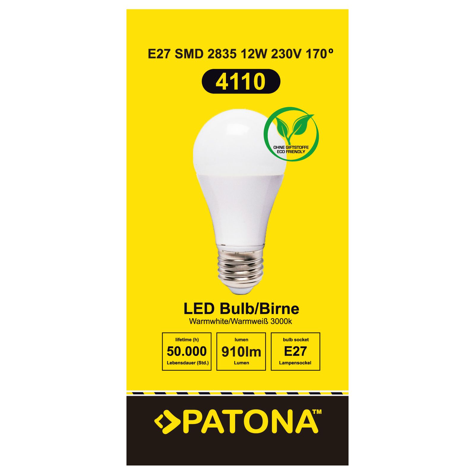 Patona LED E27 SMD 2835 12W 60x120mm 910lm 3000K 230V/50-60Hz A+ warmwhite milkcover ceramic body