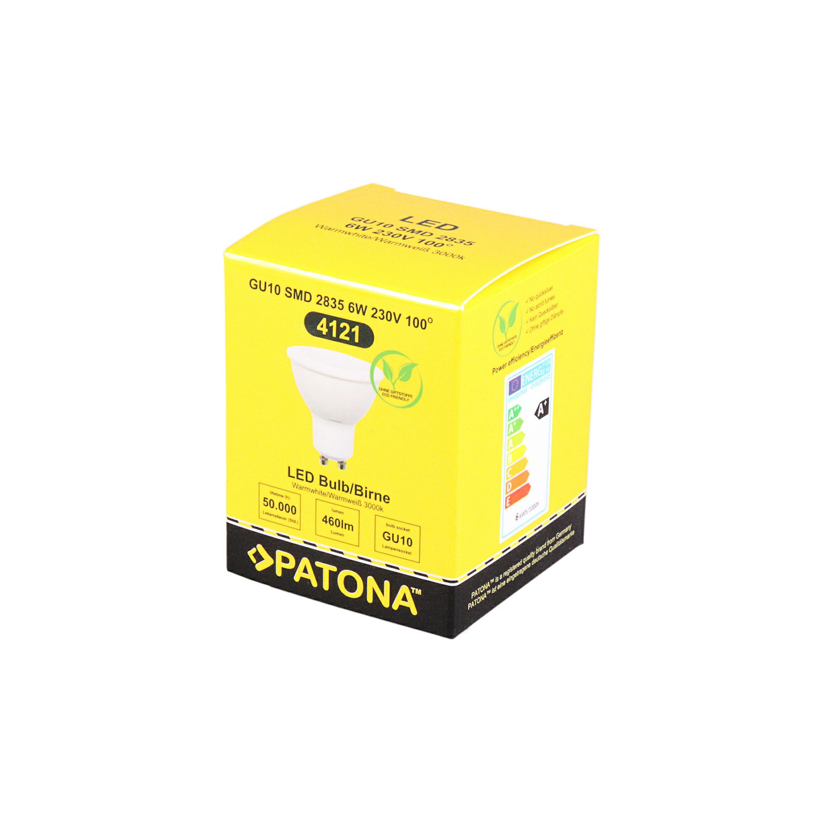 Patona LED GU10 SMD 2835 6W 50x55mm 460LM 3000K 230V/50-60Hz A+ 100 warmwhite milkcover plastic body