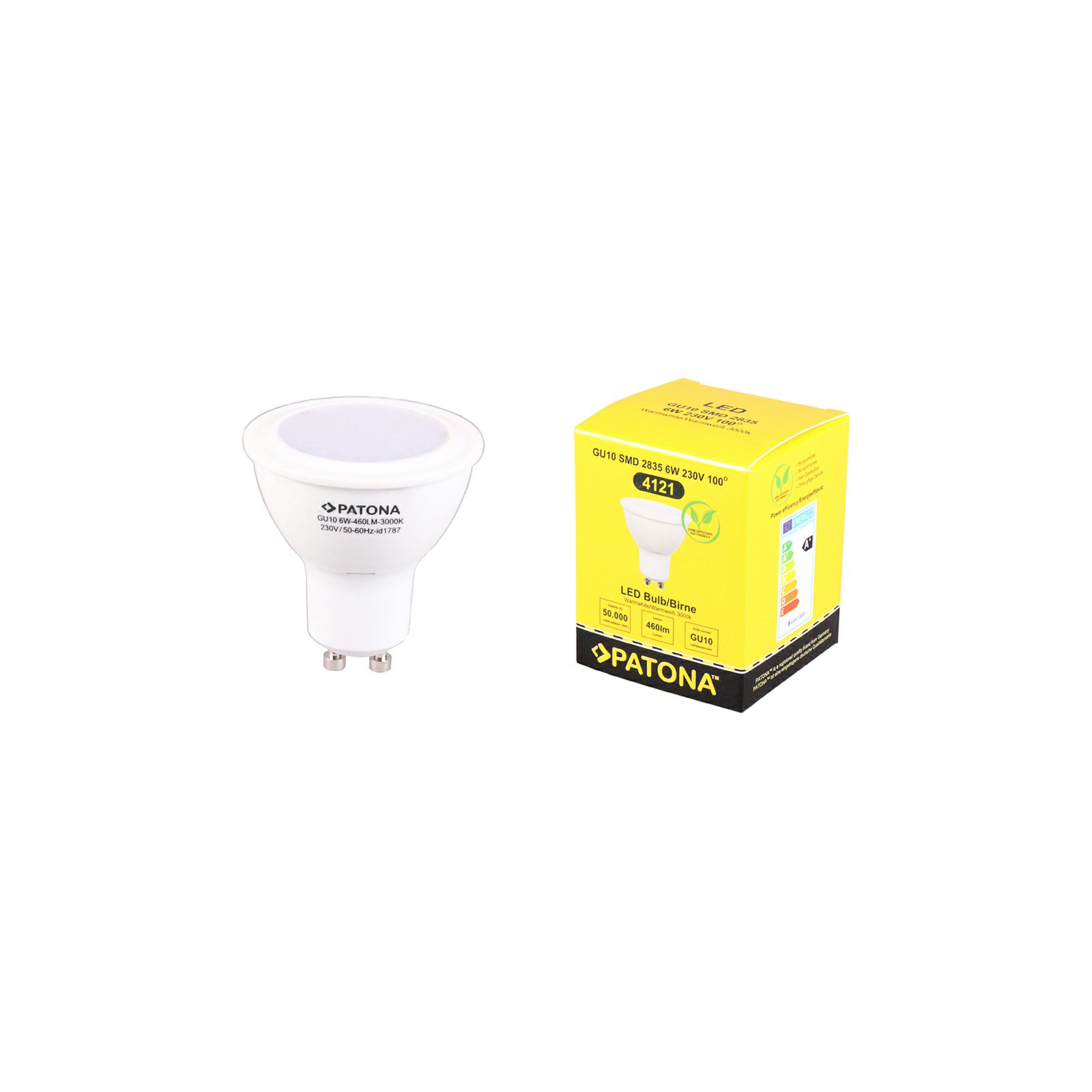 Patona LED GU10 SMD 2835 6W 50x55mm 460LM 3000K 230V/50-60Hz A+ 100 warmwhite milkcover plastic body