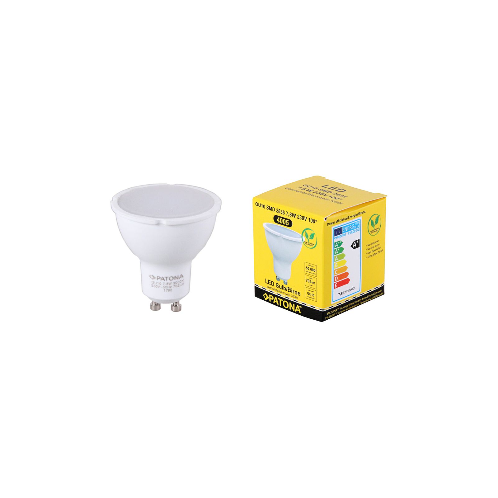 Patona LED GU10 SMD 2835 7.8W 50x55mm 702LM 3000K 230V/50Hz A+ 100 warmwhite milkcover plastic body