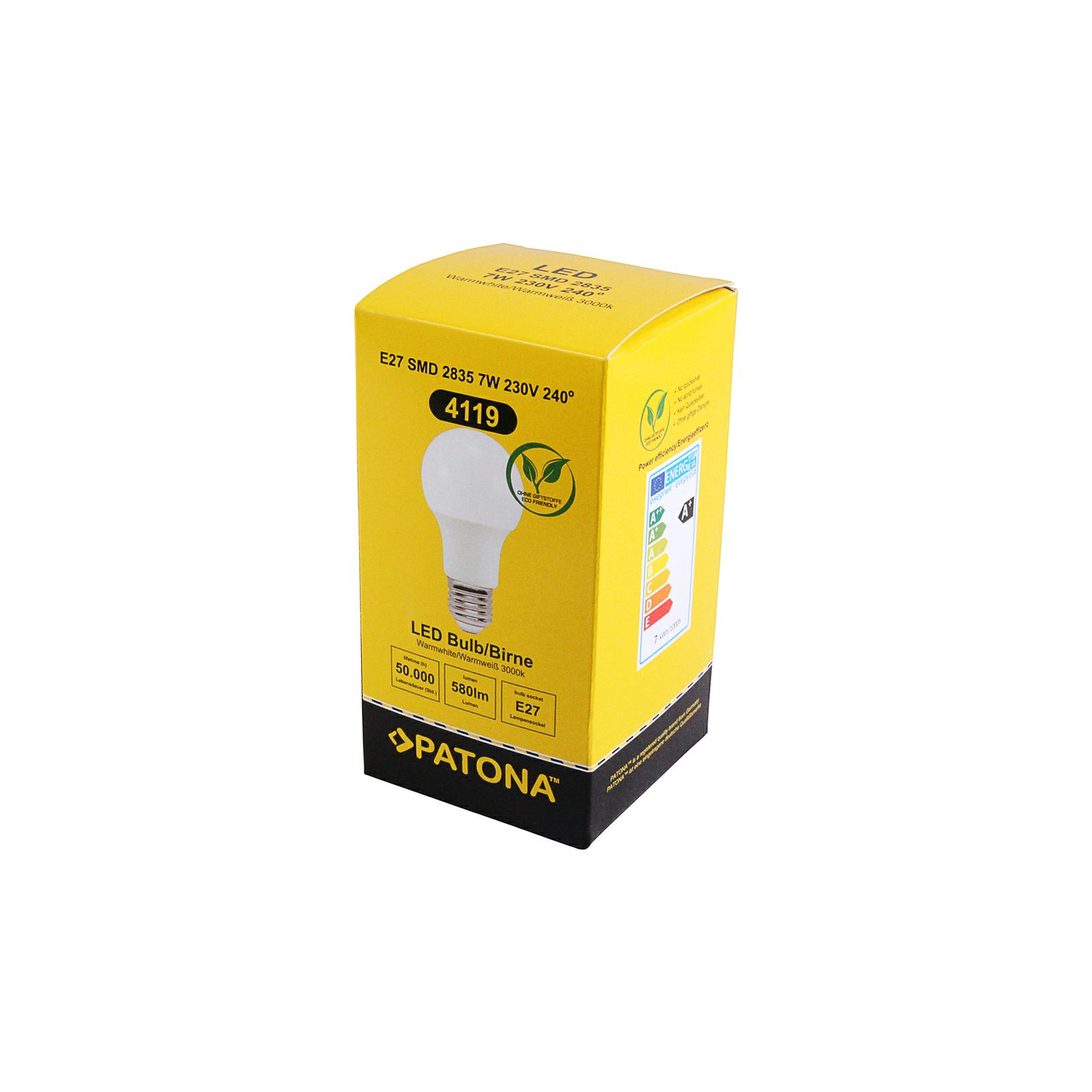 Patona LED E27 SMD 2835 7W 111x60mm 580lm 3000K 230V/50-60Hz A+ 100 warmwhite milkcover aluminium body