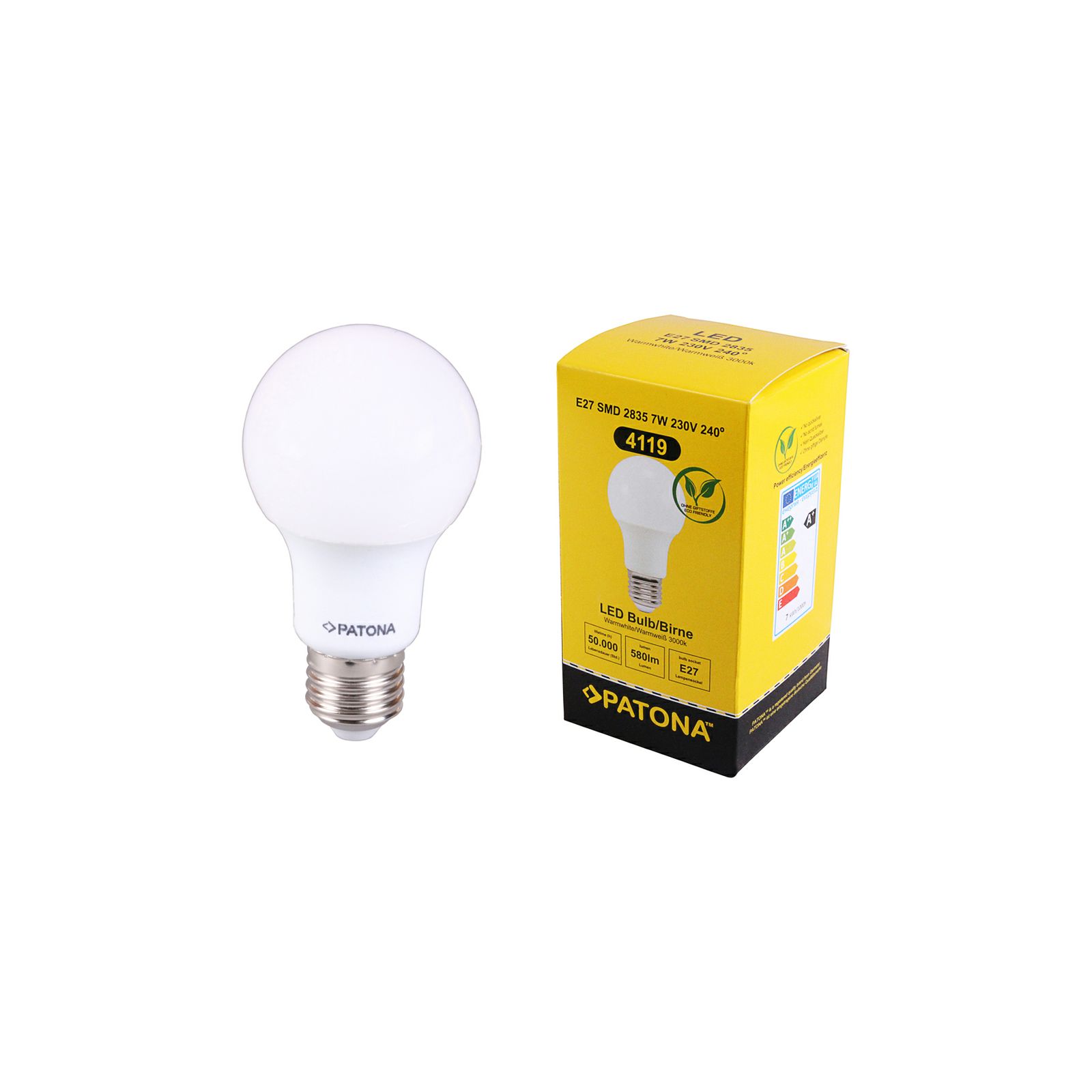 Patona LED E27 SMD 2835 7W 111x60mm 580lm 3000K 230V/50-60Hz A+ 100 warmwhite milkcover aluminium body