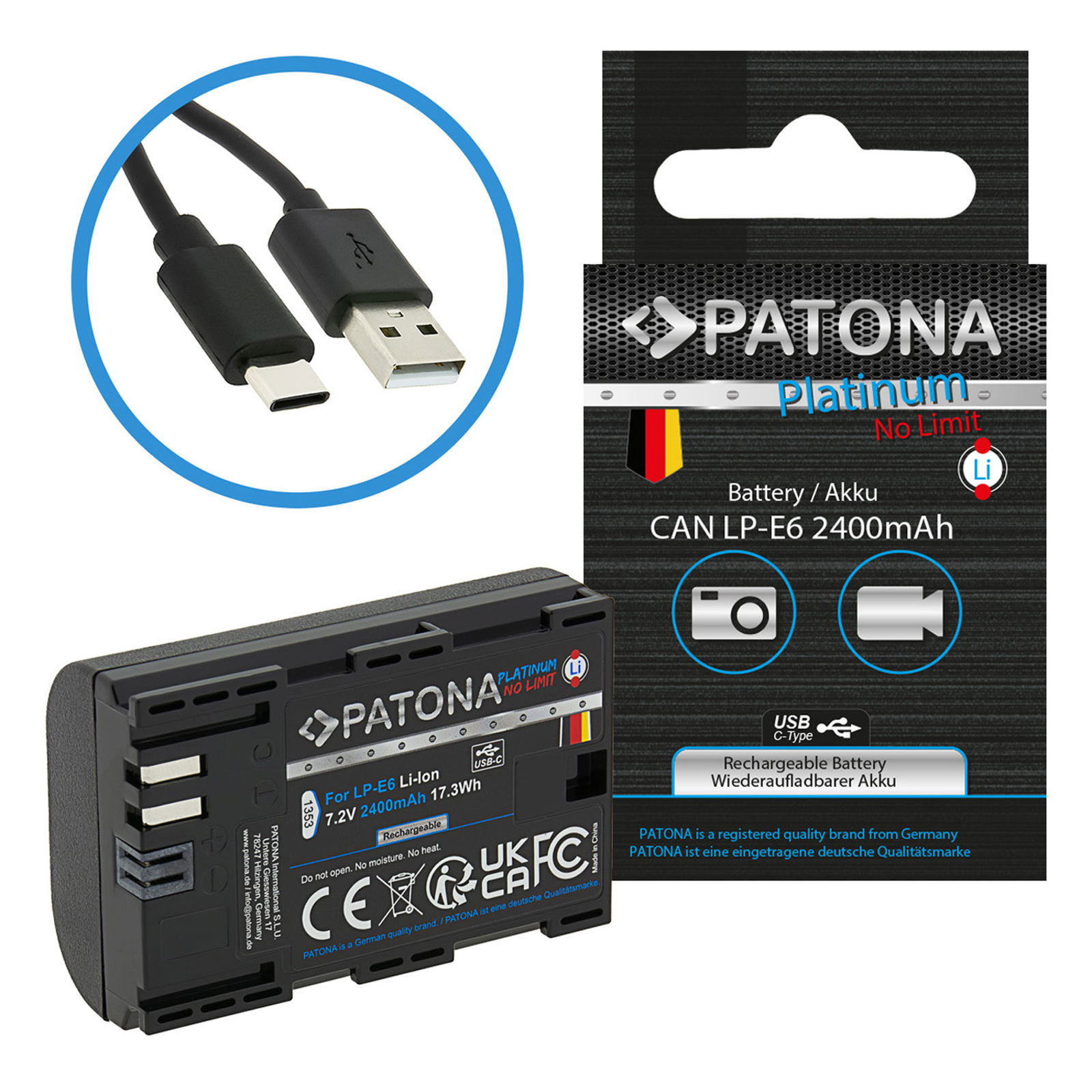 Patona LP-E6 Platinum USB-C 2400mAh 17.3Wh 7.2V baterija za Canon EOS R5 II, R6 II, R7, R5, R5c, R6, R, Ra, 5D IV, 5D III, 5D II, 6D II, 6D, 7D II, 90D, 80D, 70D, 60D, XC15, XC10
