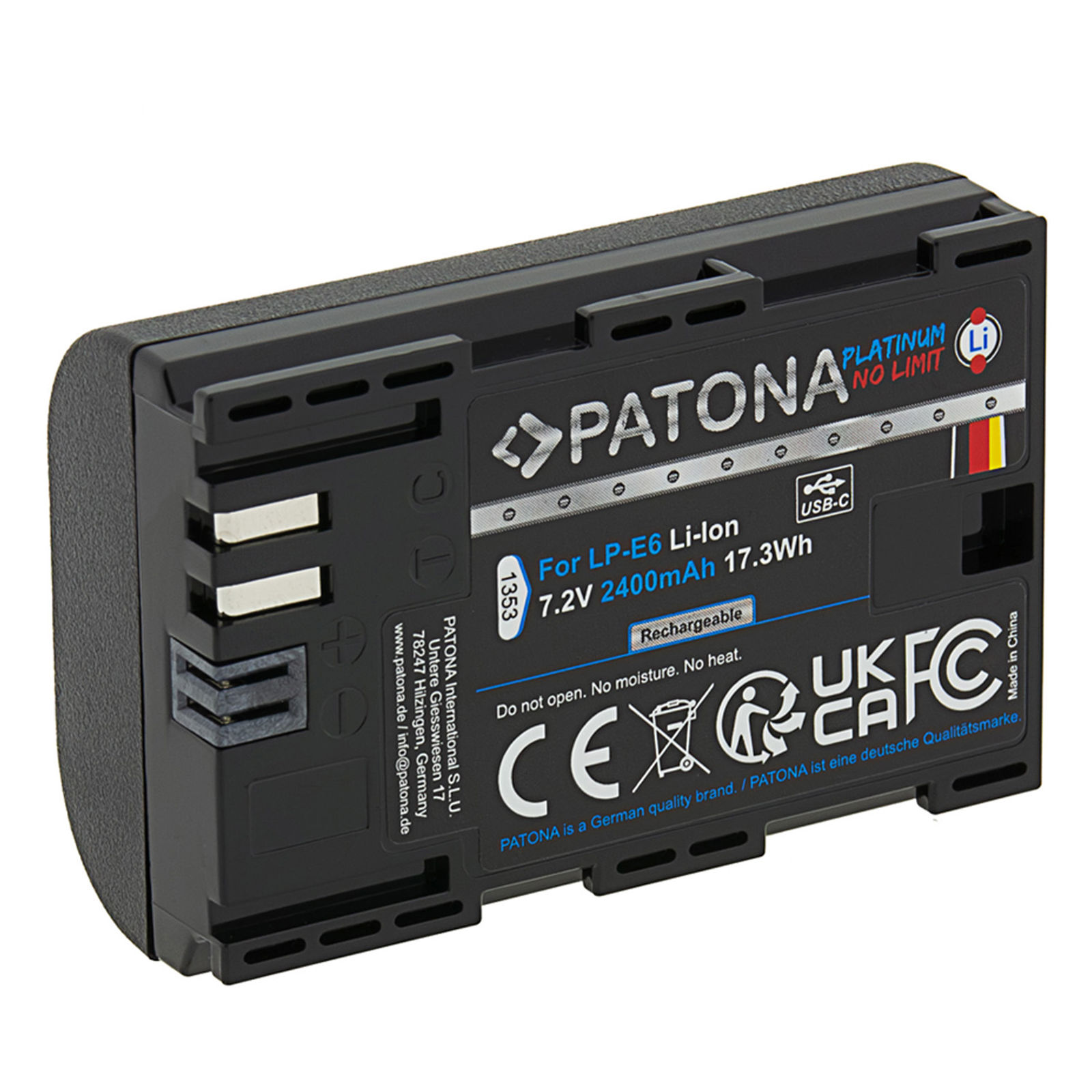 Patona LP-E6 Platinum USB-C 2400mAh 17.3Wh 7.2V baterija za Canon EOS R5 II, R6 II, R7, R5, R5c, R6, R, Ra, 5D IV, 5D III, 5D II, 6D II, 6D, 7D II, 90D, 80D, 70D, 60D, XC15, XC10