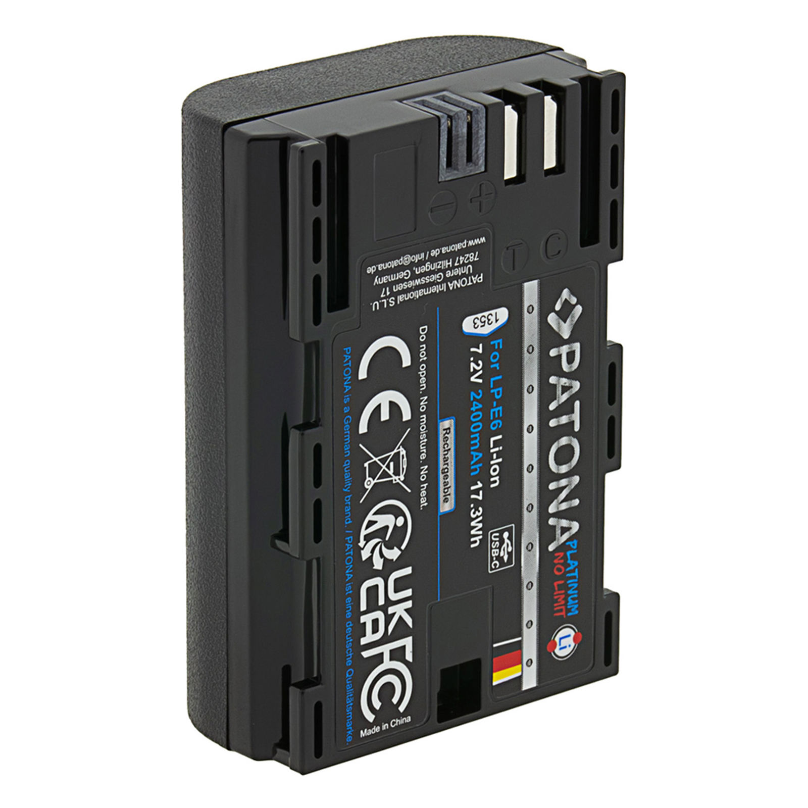 Patona LP-E6 Platinum USB-C 2400mAh 17.3Wh 7.2V baterija za Canon EOS R5 II, R6 II, R7, R5, R5c, R6, R, Ra, 5D IV, 5D III, 5D II, 6D II, 6D, 7D II, 90D, 80D, 70D, 60D, XC15, XC10