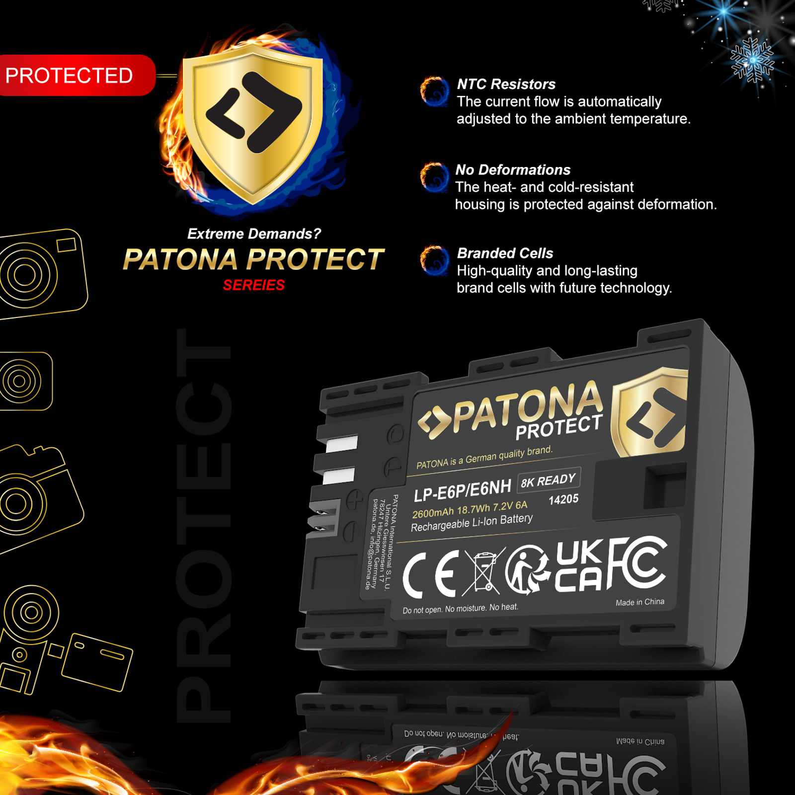 Patona LP-E6P Protect 2600mAh 18.7Wh 7.2V baterija za Canon EOS R5 II R7 R6 II R5c R 90D 80D 70D 60D 7D II 6D II 5D IV 5D III 5DS R XC10 XC15 Blackmagic Pocket Cinema 6K 4K Battery Pack