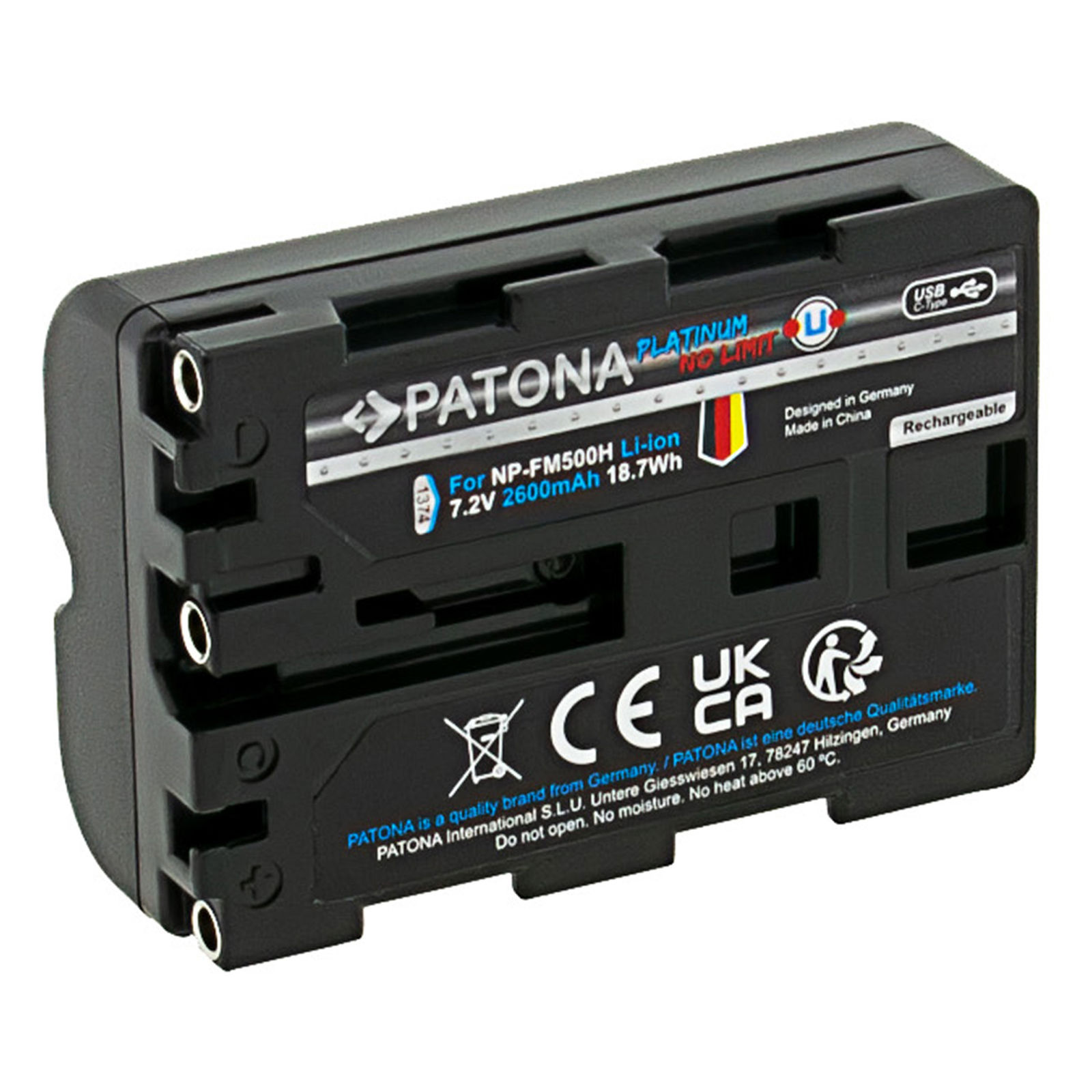 Patona NP-FM500H Platinum 2600mAh 18,7Wh 7.2V USB-C baterija za Sony A99, A77, A65, A58, A57, A900, A850, A200, A300, A350, A450, A500, A550, A700, SLT-A57, SLT-A58, SLT-A65, SLT-A77, SLT-A99, A100