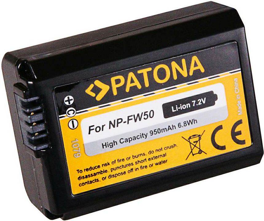 Patona NP-FW50 950mAh 6.8Wh 7.2V baterija za Sony NEX.3, NEX.3C, NEX-C3, NEX.5, NEX.5A, NEX.5C, NEX.5D, NEX.5K, NEX-5N, NEX-7, NEX-7B, NEX-7C, NEX-7K, A33, A55, NPFW50 Rechargeable Lithium-Ion Battery